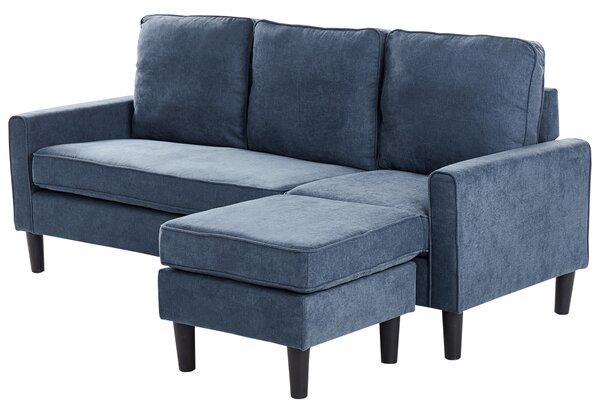 Pohovka námornícka modrá látková čalúnená 3 miestna s taburetom mid century modern obývacia izba