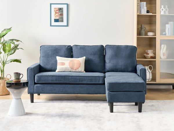 Pohovka námornícka modrá látková čalúnená 3 miestna s taburetom mid century modern obývacia izba