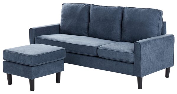 Pohovka námornícka modrá látková čalúnená 3 miestna s taburetom mid century modern obývacia izba