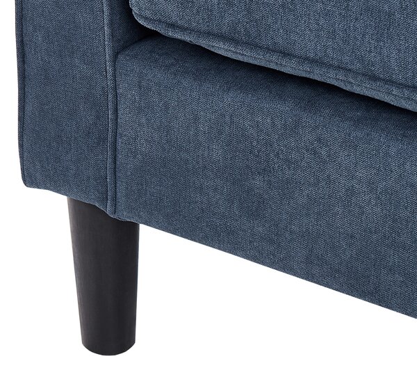 Pohovka námornícka modrá látková čalúnená 3 miestna s taburetom mid century modern obývacia izba