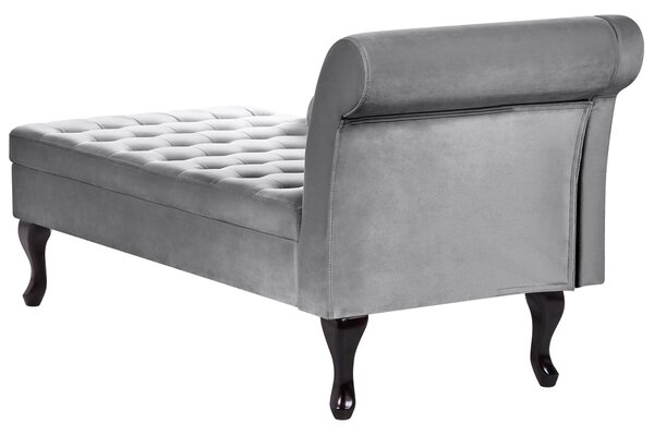 Pravostranná leňoška svetlosivá zamatová čalúnená s úložným priestorom čierne nohy s podhlavníkom glamour retro dizajn