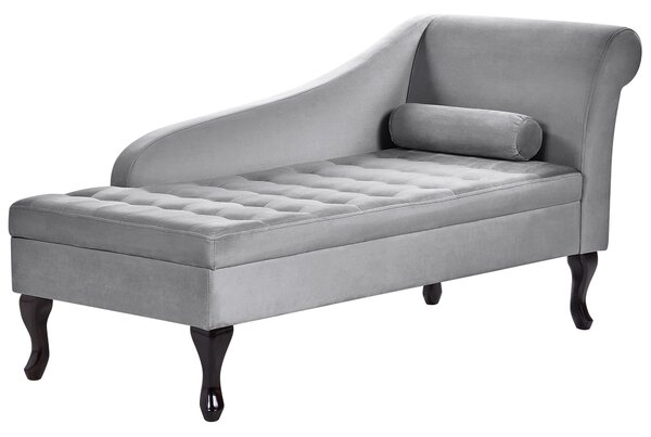 Pravostranná leňoška svetlosivá zamatová čalúnená s úložným priestorom čierne nohy s podhlavníkom glamour retro dizajn
