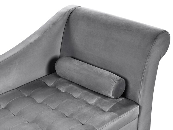Pravostranná leňoška svetlosivá zamatová čalúnená s úložným priestorom čierne nohy s podhlavníkom glamour retro dizajn