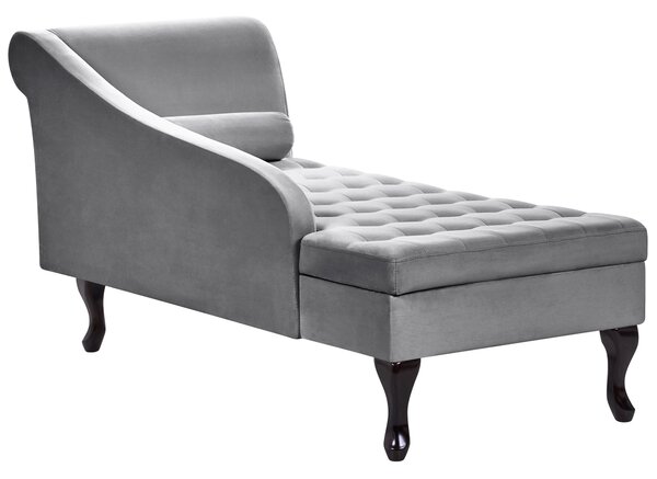 Pravostranná leňoška svetlosivá zamatová čalúnená s úložným priestorom čierne nohy s podhlavníkom glamour retro dizajn