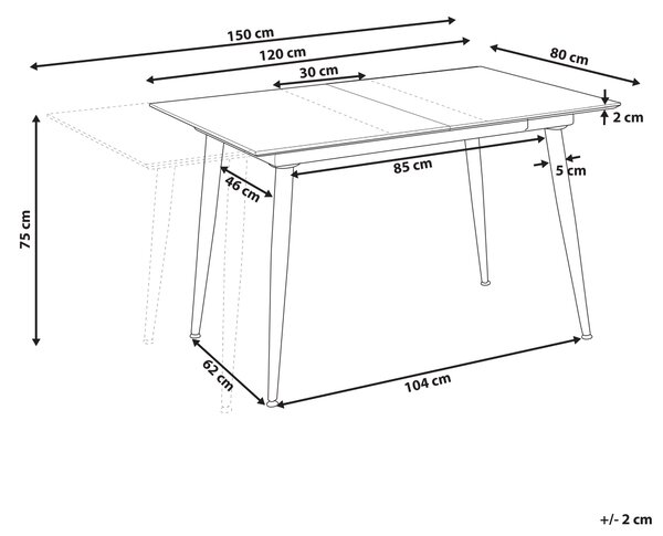 Jedálenský stôl čierny a biely MDF 120/150 x 80 cm mramorový efekt rozťahovacia doska kovové nohy obdĺžnikový moderný dizajn