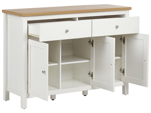 Komoda biela a svetlé drevo MDF s 2 zásuvkami a 3 dvierkami úložný nábytok do obývacej izby
