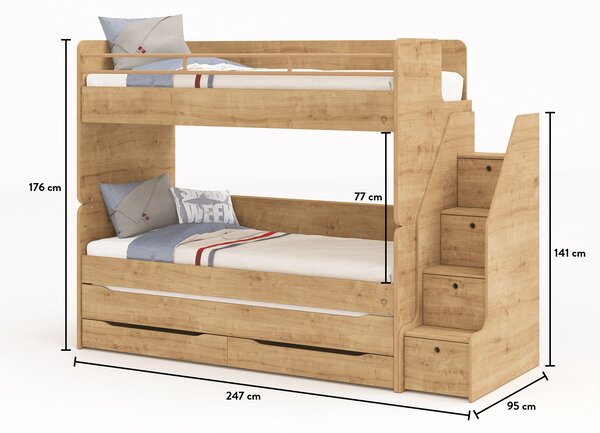 Cilek Poschodová posteľ Mocha Studio pre 3 deti 90x200 cm s úložným priestorom (schody)