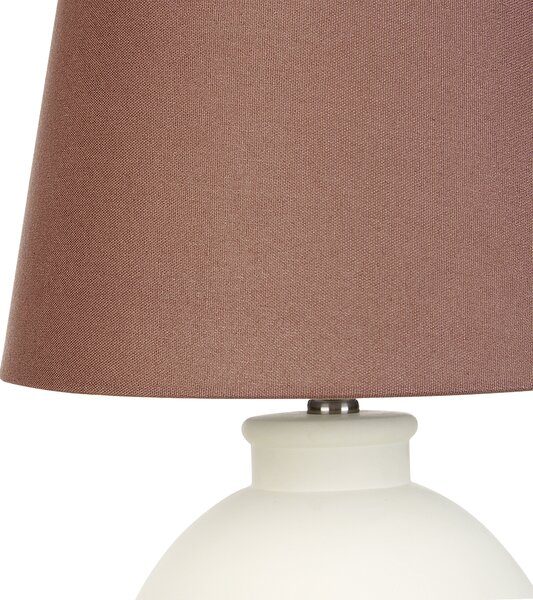 Stolná lampa biely keramický podstavec hnedé ľanové tienidlo minimalistický dizajn