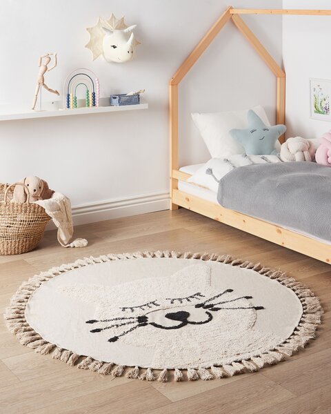 Detský koberec béžový bavlnený okrúhly 120 cm s motívom mačky so strapcami boho štýl detská izba