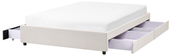 Posteľ s úložným priestorom svetlobéžová látkové čalúnenie polyester 140 x 200 cm bez čela s roštom úložné zásuvky klasický štýl spálňa