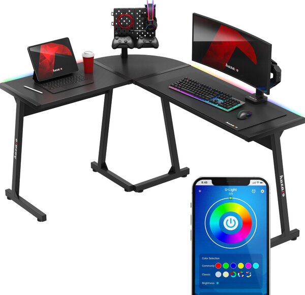 Hero 6.0 RGB | rohový herný stôl v tvare L | LED osvetlenie synchronizované s hudbou | pravá ľavá montáž 147 x 112 | čierna