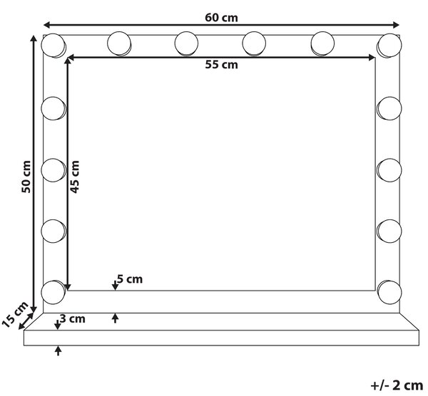 Nástenné zrkadlo čierny rám s LED žiarovkami 50 x 60 cm obdĺžnikové hollywoodske