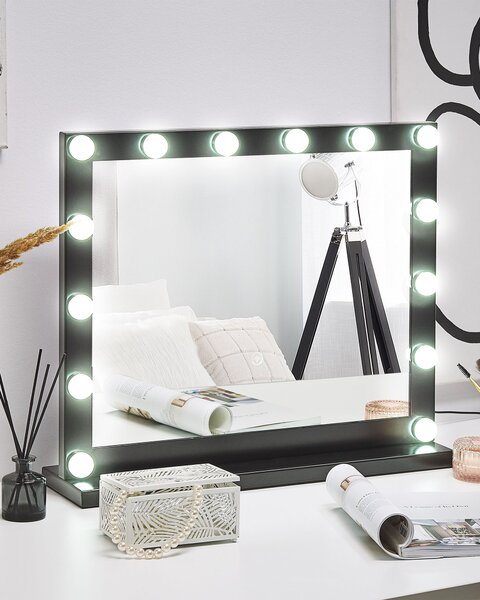 Nástenné zrkadlo čierny rám s LED žiarovkami 50 x 60 cm obdĺžnikové hollywoodske