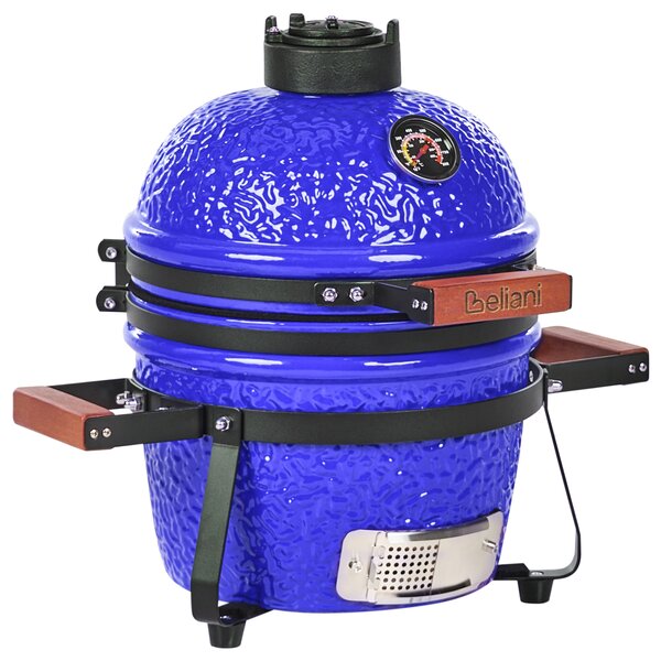 Mini gril na drevené uhlie modrý keramika gril typu Kamado s vekom a teplomerom a roštom na varenie moderný štýl záhrada