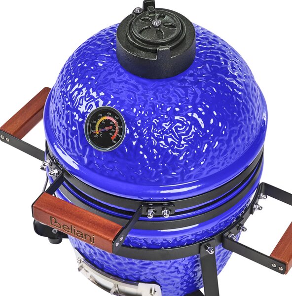 Mini gril na drevené uhlie modrý keramika gril typu Kamado s vekom a teplomerom a roštom na varenie moderný štýl záhrada