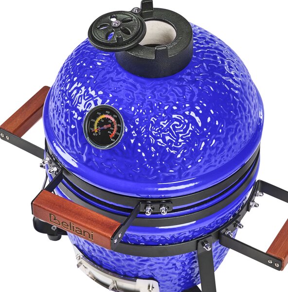Mini gril na drevené uhlie modrý keramika gril typu Kamado s vekom a teplomerom a roštom na varenie moderný štýl záhrada