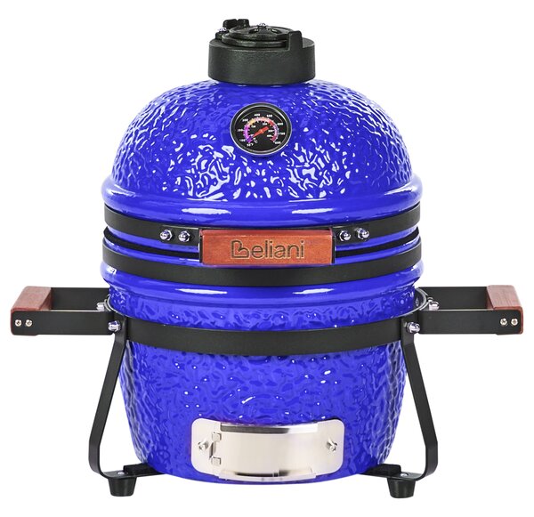 Mini gril na drevené uhlie modrý keramika gril typu Kamado s vekom a teplomerom a roštom na varenie moderný štýl záhrada