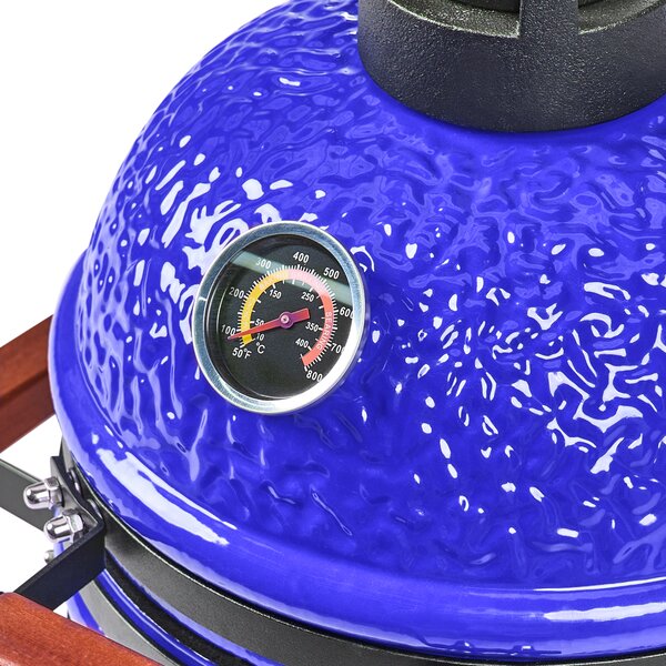 Mini gril na drevené uhlie modrý keramika gril typu Kamado s vekom a teplomerom a roštom na varenie moderný štýl záhrada