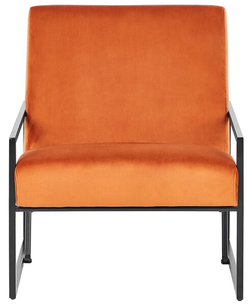 Kreslo oranžové zamatové čalúnené čierny železný rám moderná elegantná obývacia izba