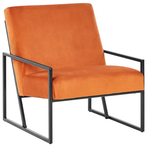 Kreslo oranžové zamatové čalúnené čierny železný rám moderná elegantná obývacia izba