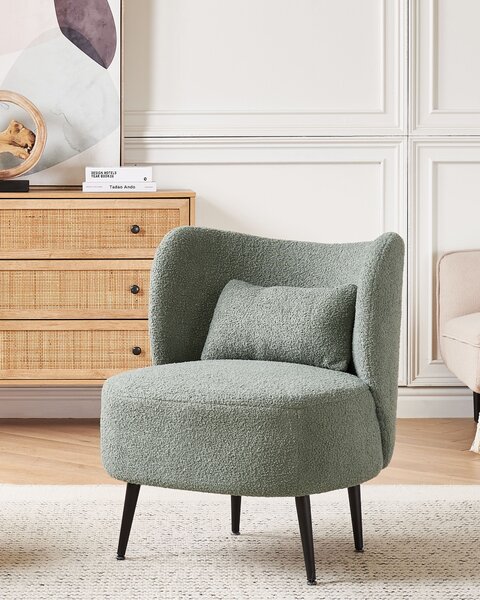 Kreslo svetlozelené buklé čalúnenie čierne nohy zaoblené operadlo retro glamour art deco štýl obývačka spálňa