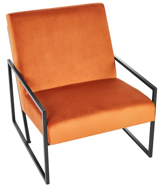 Kreslo oranžové zamatové čalúnené čierny železný rám moderná elegantná obývacia izba