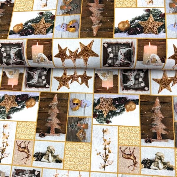 Metráž Bavlna digital - Vianoce Patchwork hnedý
