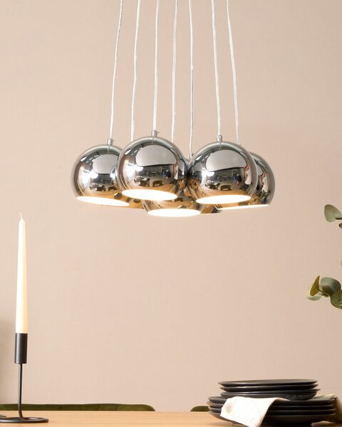 Závesná lampa strieborná kovová na 7 žiaroviek okrúhle tienidlá na strop moderný štýl obývačka kuchyňa