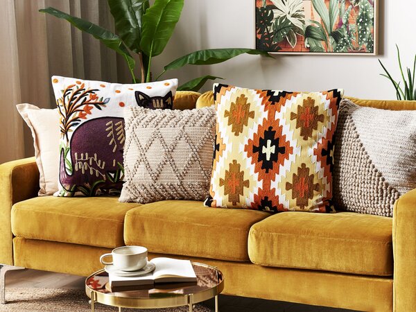 Dekoratívny vankúš viacfarebný vlna bavlna 50 x 50 cm geometrický vzor ručne vyšívaný štvorcový tvar boho moderný štýl doplnky