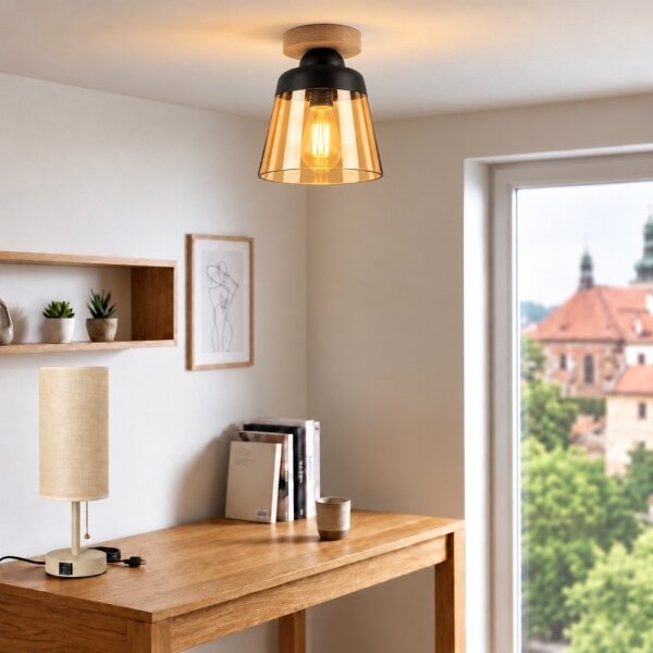 BRILAGI-LED Stropné svietidlo R GLASS 1xE27/60W/230V pr. 15,5cm dub/dymová béžová