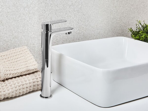 Vysoká kúpeľňová umývadlová batéria strieborná mosadz 28 cm chrómovaný povrch jednopáková doplnky moderný štýl kúpeľňa