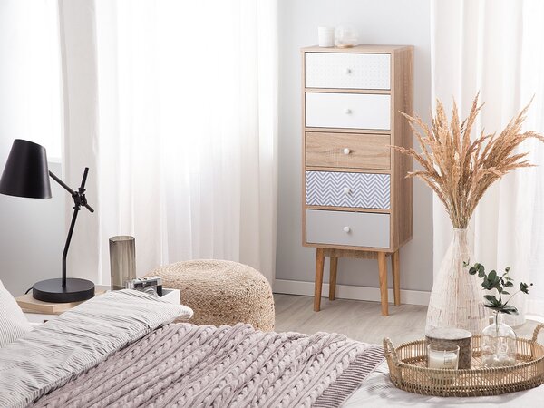 Komoda svetlé drevo viacfarebná MDF matný maľovaný povrch 112 x 40 cm úložný priestor 5 zásuviek moderný vintage štýl obývačka spálňa
