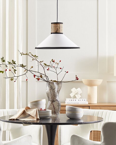 Závesná lampa prírodná biela čierna polyester ratan bavlna 188 cm okrúhle kužeľovité tienidlo moderný štýl osvetlenie kuchyňa jedáleň