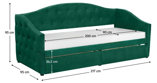 KONDELA Posteľ s úložným priestorom, 90x200, zelená Velvet látka, ZASKA