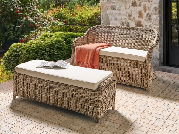 Záhradná lavička s taburetom prírodná ratanová krémovobiely podsedák 141 cm interiér exteriér boho štýl záhrada terasa balkón