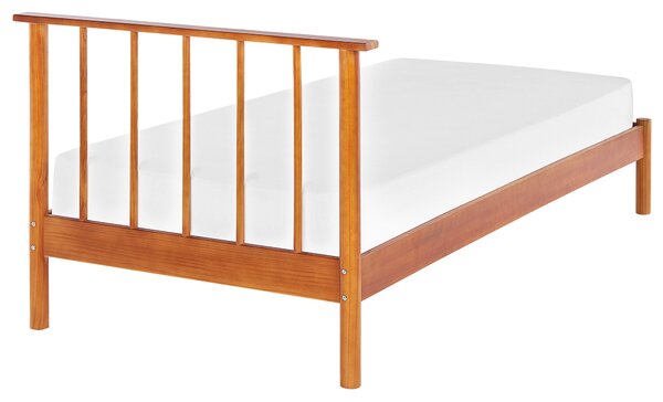 Posteľ svetlé borovicové drevo 90 x 200 cm jednolôžko s lamelovým čelom a roštom minimalistický rustikálny štýl