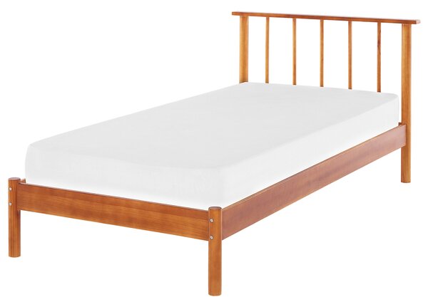 Posteľ svetlé borovicové drevo 90 x 200 cm jednolôžko s lamelovým čelom a roštom minimalistický rustikálny štýl
