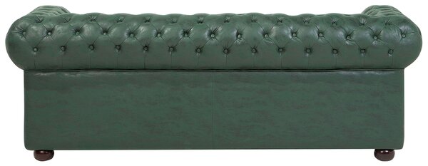 Pohovka chesterfield zelená umelá koža čalúnená nízke prešívané operadlo tmavé drevené nohy 3-miestna moderná