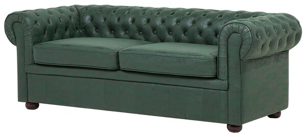 Pohovka chesterfield zelená umelá koža čalúnená nízke prešívané operadlo tmavé drevené nohy 3-miestna moderná