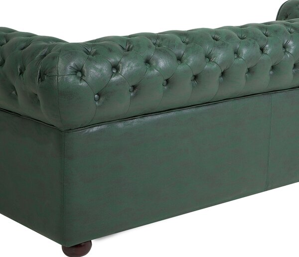 Pohovka chesterfield zelená umelá koža čalúnená nízke prešívané operadlo tmavé drevené nohy 3-miestna moderná