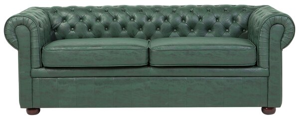 Pohovka chesterfield zelená umelá koža čalúnená nízke prešívané operadlo tmavé drevené nohy 3-miestna moderná