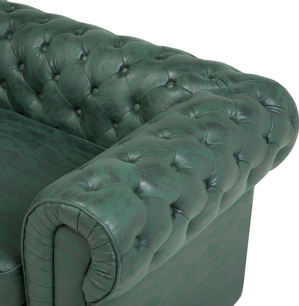 Pohovka chesterfield zelená umelá koža čalúnená nízke prešívané operadlo tmavé drevené nohy 3-miestna moderná
