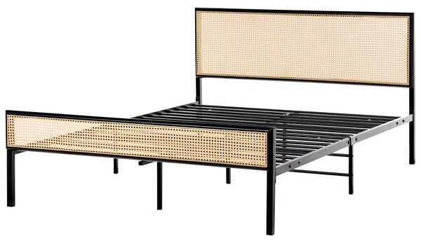 Posteľ čierna železo kovový rám 140 x 200 cm lamelový rošt PE ratan viedenský výplet s čelom moderný boho štýl spálňa
