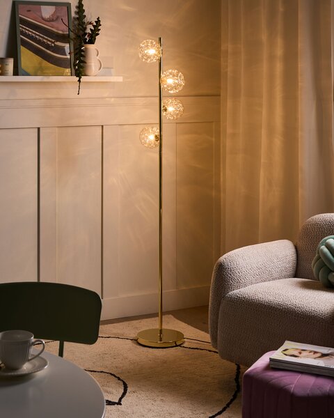 Stojaca lampa béžové sklenené tienidlá zlatý kovový podstavec glamour moderný štýl obývacia izba spálňa