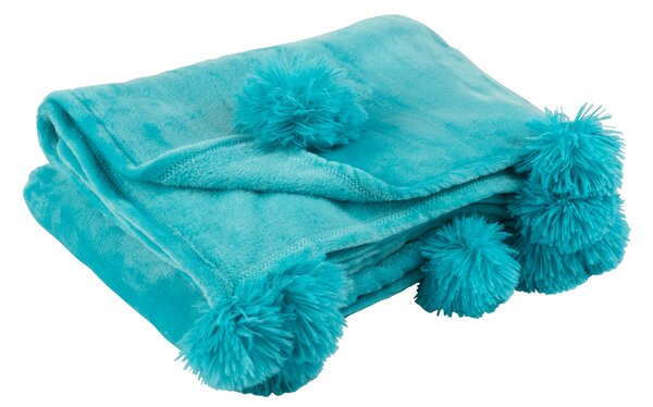 Huňatá deka v krásnej azúrovo modrej farbe s pomponmi na bokoch deky 170 x 130 37740