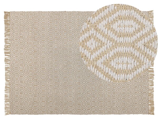 Koberec béžový juta bavlna 140 x 200 cm geometrický vzor so strapcami ručne tkaný boho moderný štýl obývačka spálňa