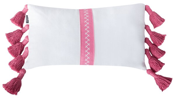 Sada 2 dekoratívnych vankúšov ružová a biela bavlna 30 x 50 cm obdĺžnikový tvar so strapcami moderný boho štýl doplnky