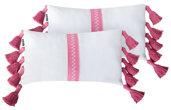 Sada 2 dekoratívnych vankúšov ružová a biela bavlna 30 x 50 cm obdĺžnikový tvar so strapcami moderný boho štýl doplnky