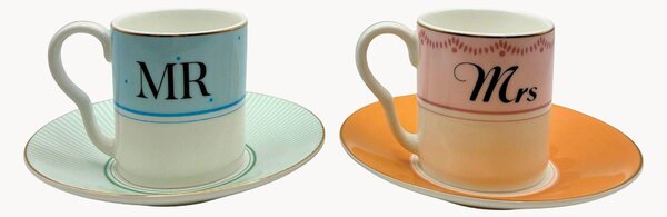 Šálky's podšálkami z jemného kostného porcelánu Mr. & Mrs., 2 ks