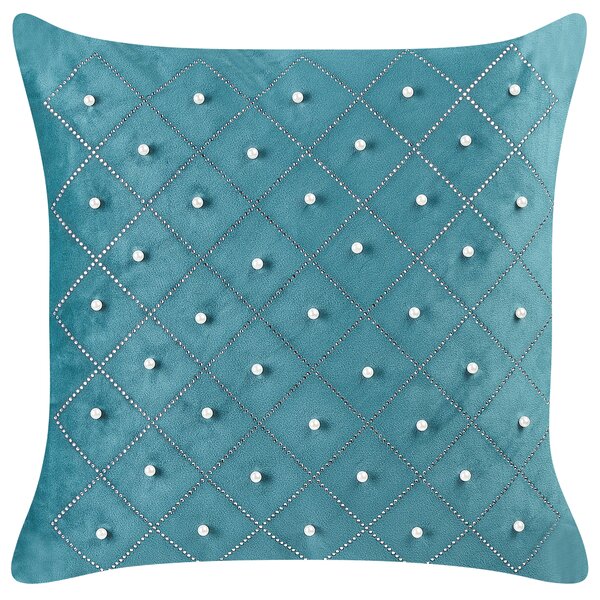 Súprava 2 dekoratívnych vankúšov modrozelený zamat 45 x 45 cm s ozdobnými prvkami glamour moderná obývacia izba spálňa